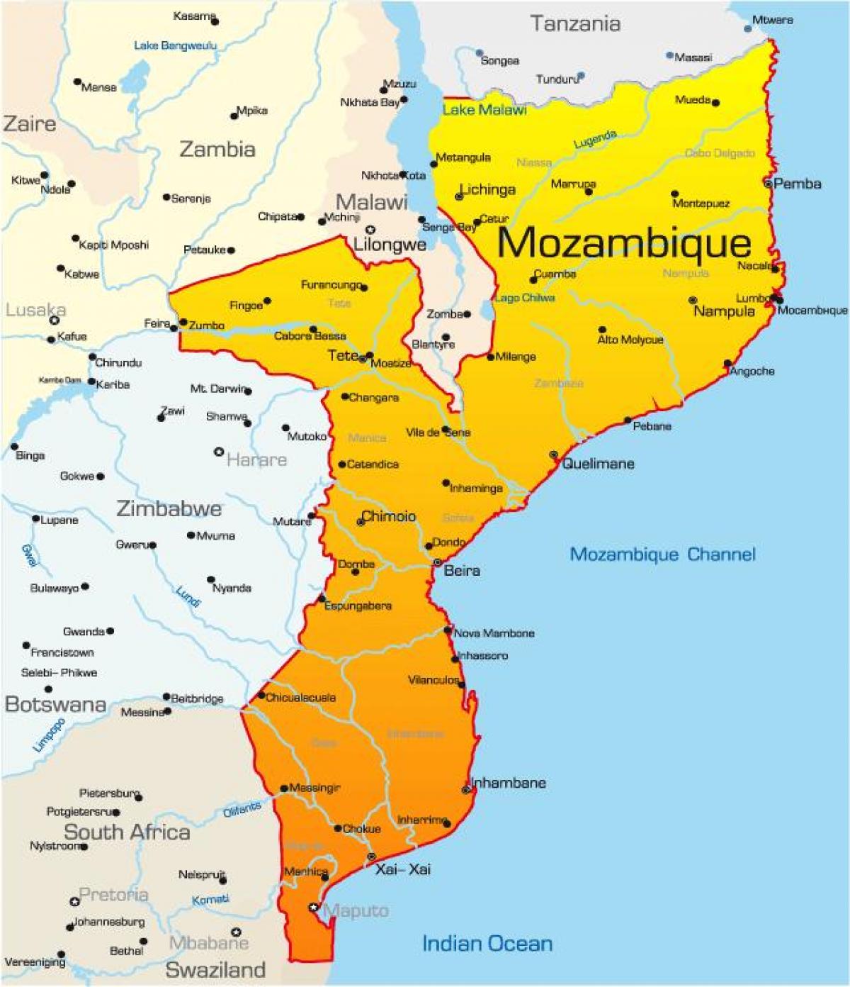 mapa Mozambik mapu s udaljenosti