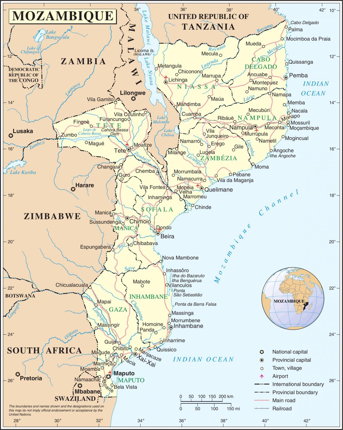 aerodrome u Mozambiju na mapi